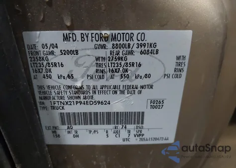 2004 Ford F-250 Lariat/Xl/Xlt from USA, damaged, VIN 1FTNX21P94ED59624